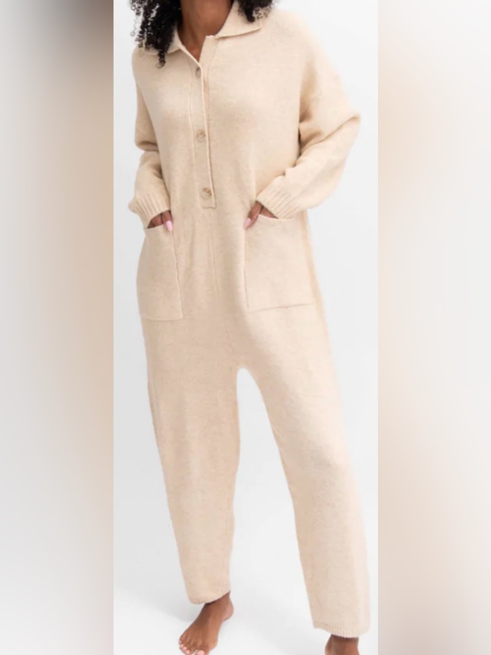 Smash + Tess Cream Florence Knit Button-Up Jumpsuit Size Medium